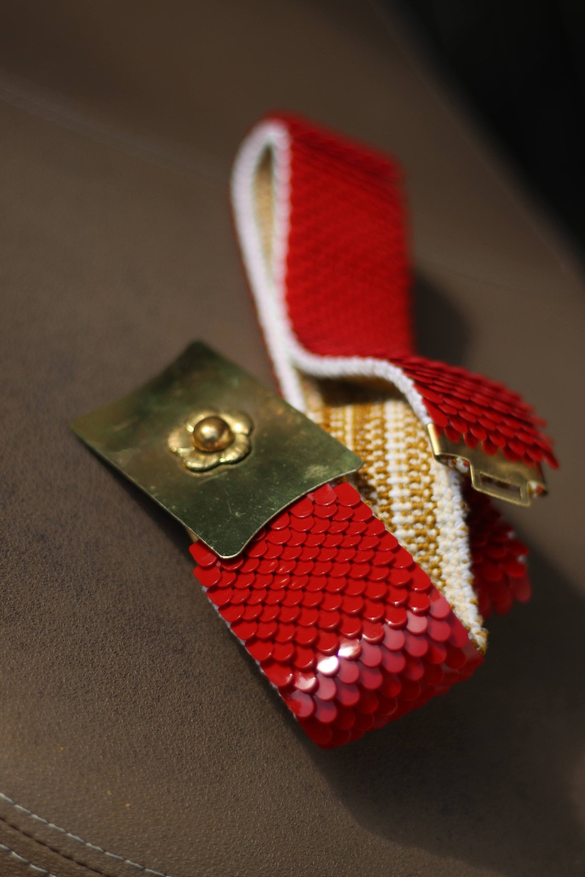 70s Sequinned Belt with gold colored buckle| maximalist retro belt| Vintage glamorous red party belt