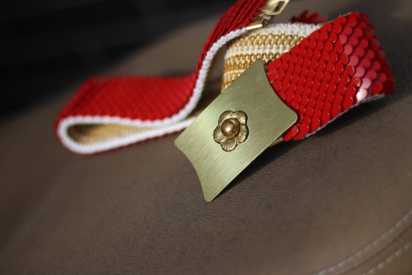 70s Sequinned Belt with gold colored buckle| maximalist retro belt| Vintage glamorous red party belt