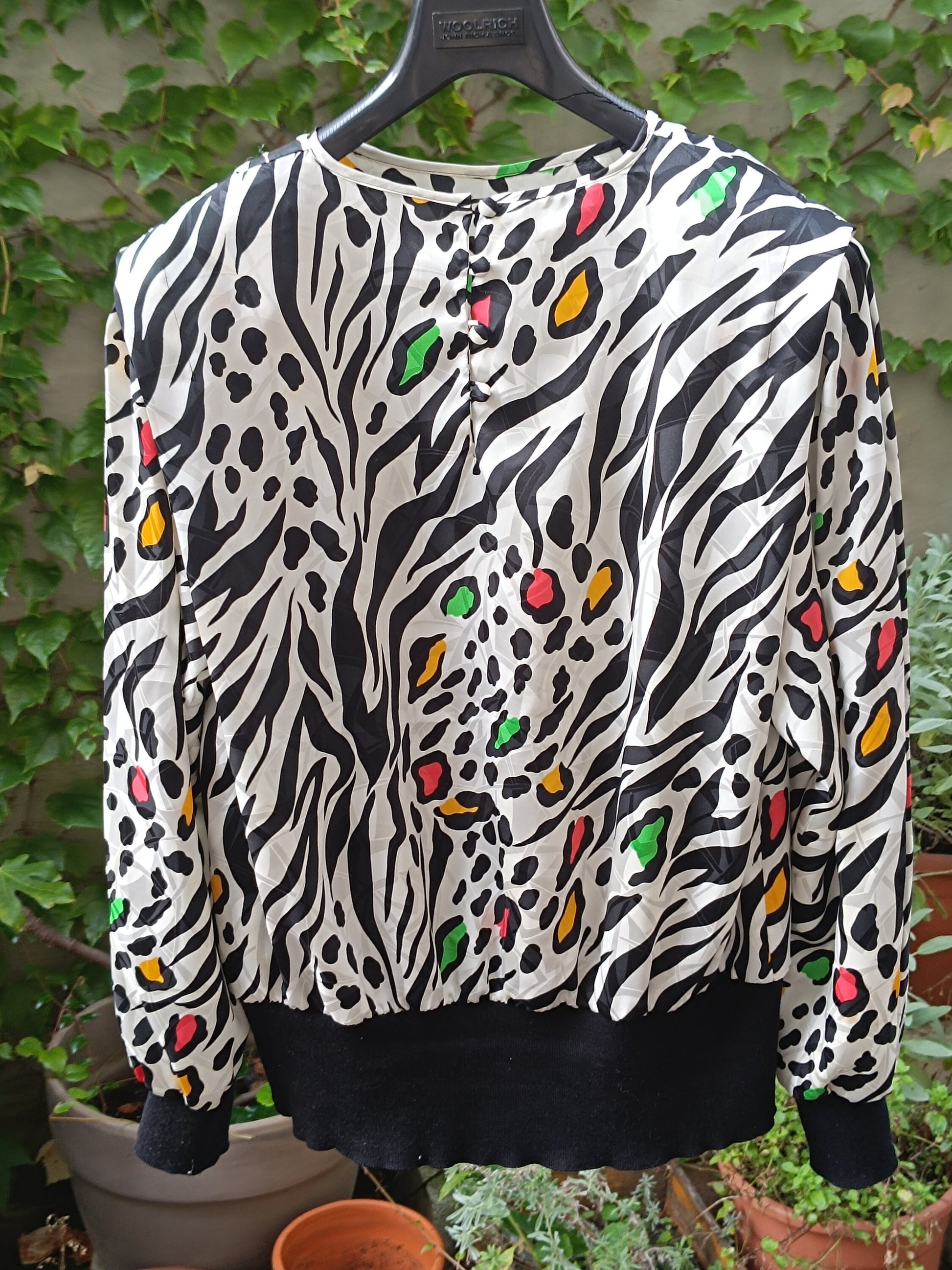 80s St Malo Blouse | Vintage animal print tunic| Monochrome black and white design| Crazy print Maximalist long sleeved top