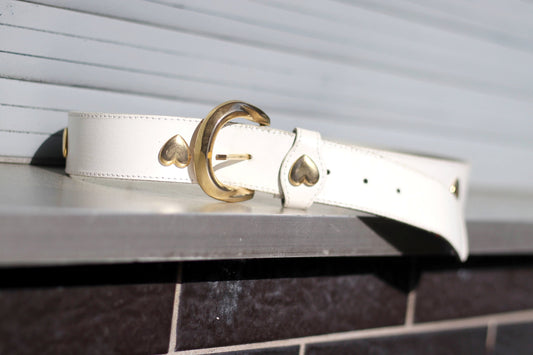80s leather Belt with Heart shape motif| Vintage white leather belt with gold colored details| Statement leather accessory