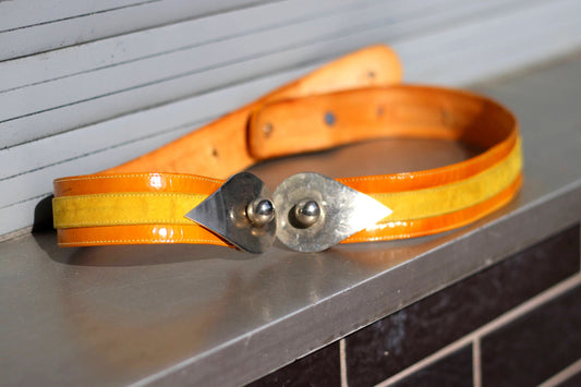80s Striped Belt | Vintage orange leather waist belt with statement metallic buckle