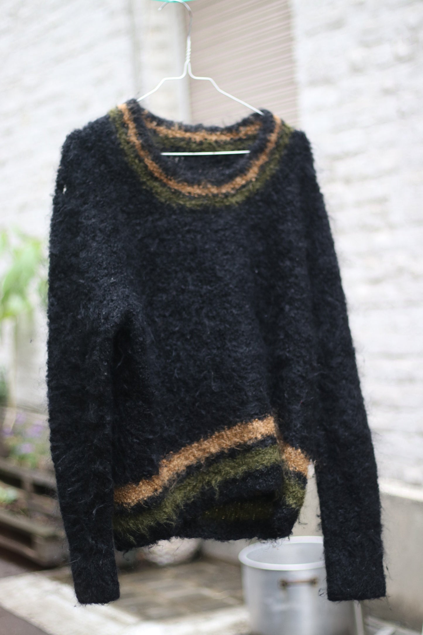 70s Fuzzy handmade Sweater| Vintage Black Striped Winter Knit| Long sleeved crew neck sweater