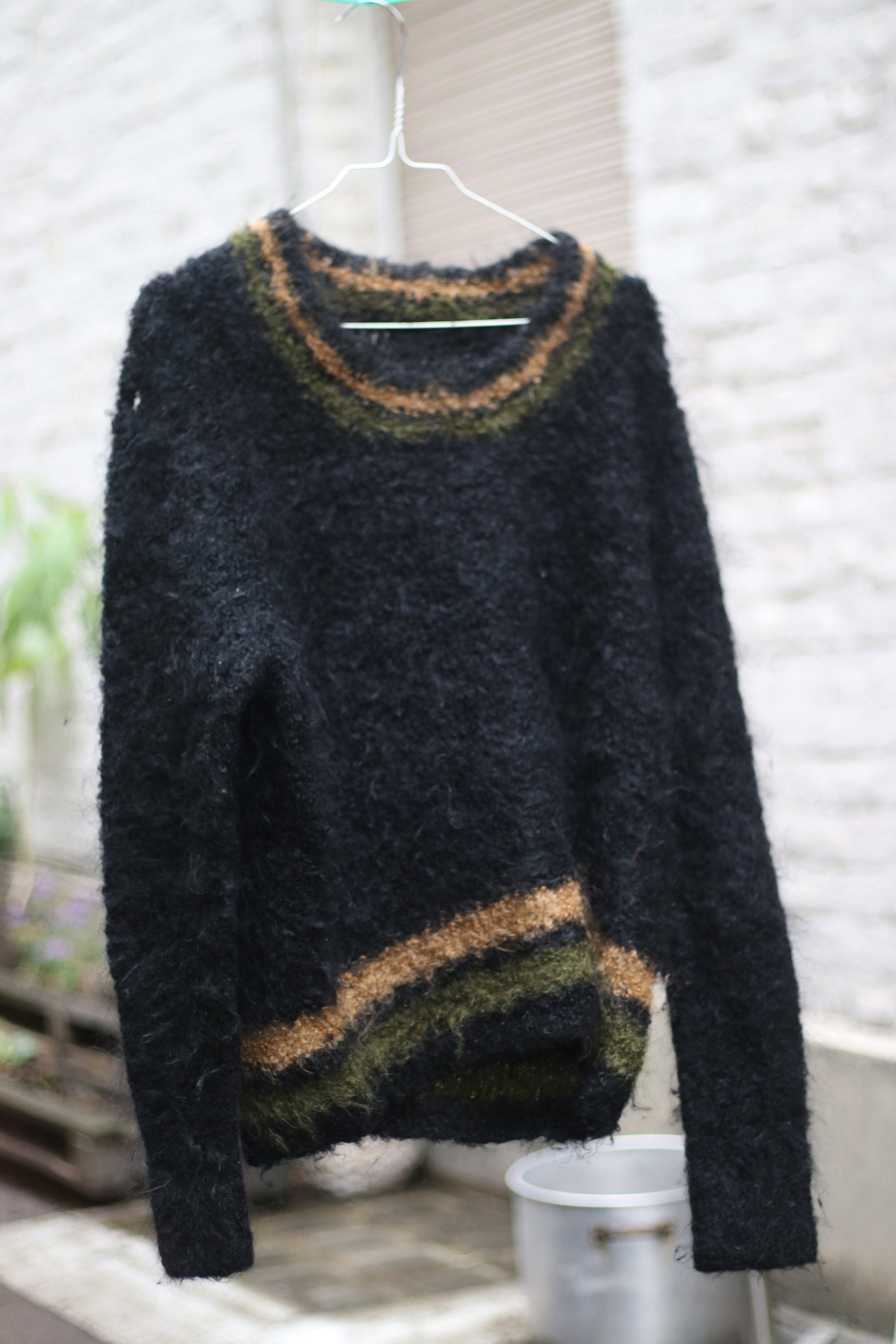 70s Fuzzy handmade Sweater| Vintage Black Striped Winter Knit| Long sleeved crew neck sweater