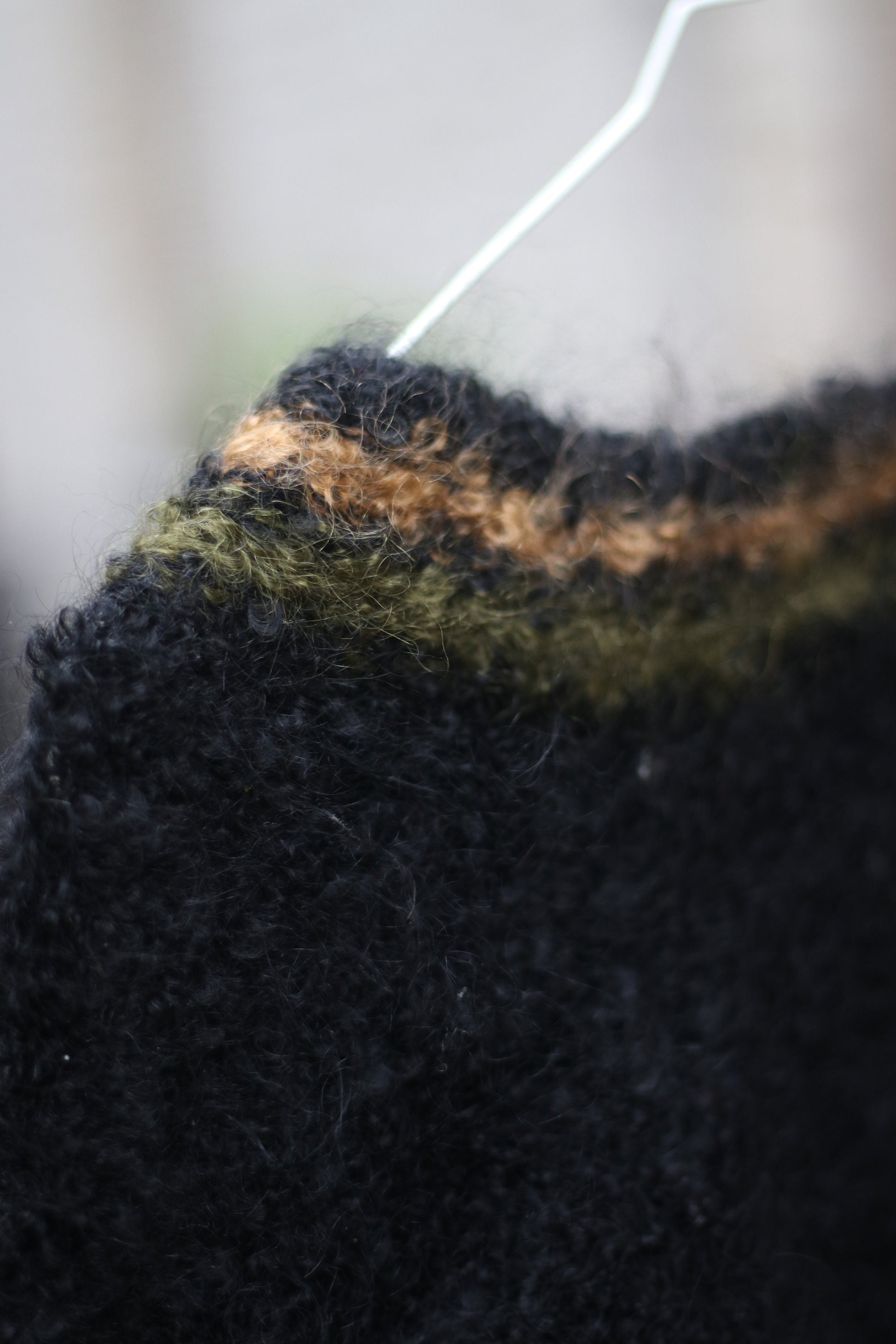 70s Fuzzy handmade Sweater| Vintage Black Striped Winter Knit| Long sleeved crew neck sweater