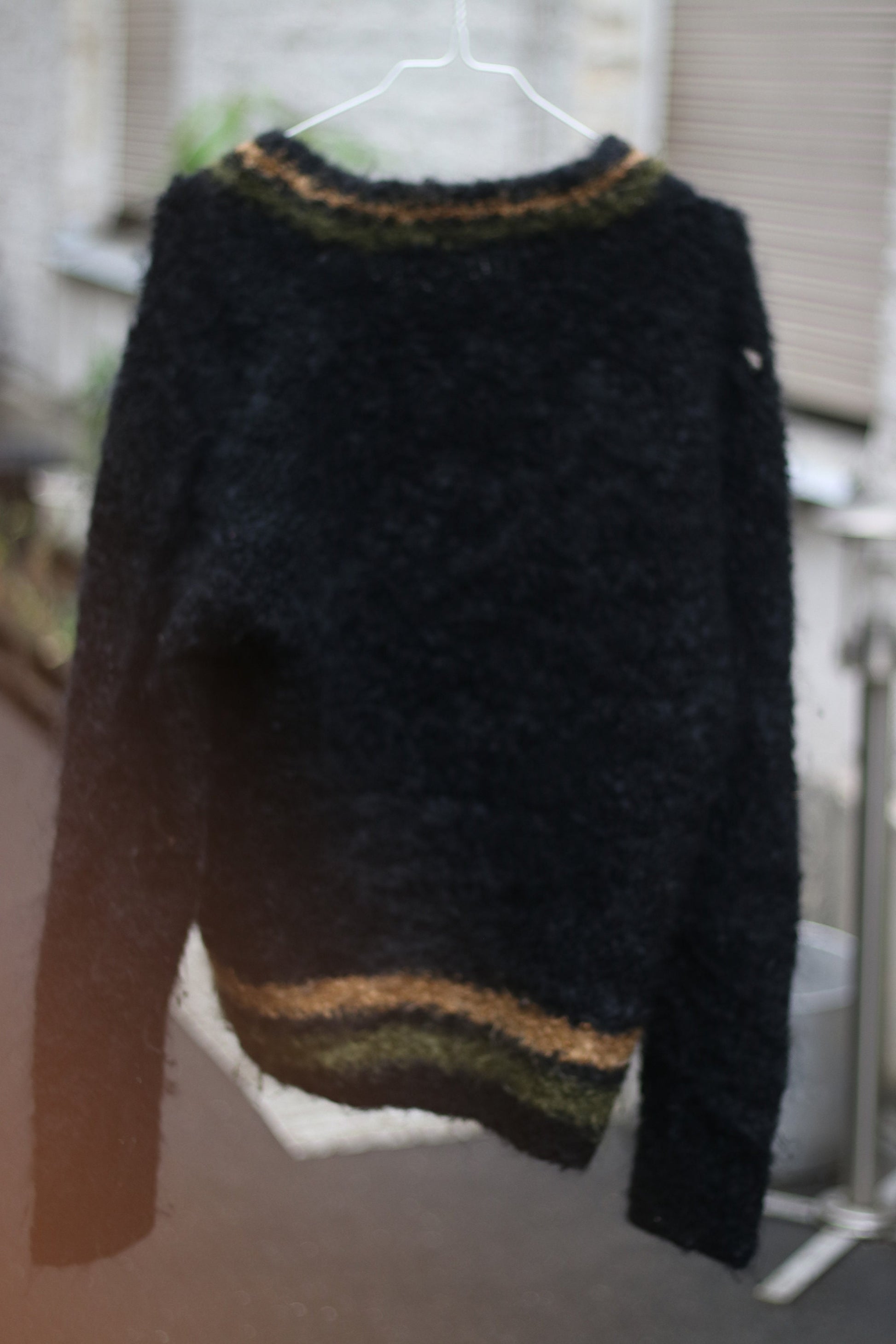 70s Fuzzy handmade Sweater| Vintage Black Striped Winter Knit| Long sleeved crew neck sweater
