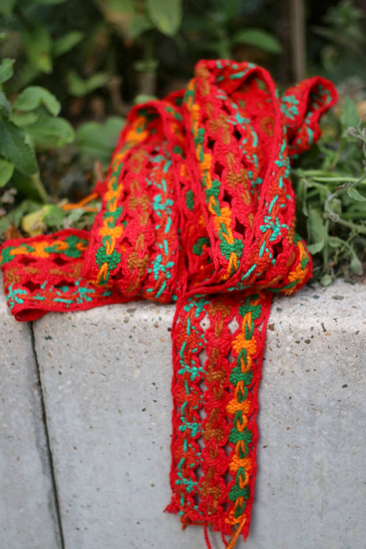70s crocheted scarf| Vintage handmade colorful long scarf| red and orange flower power skinny scarf