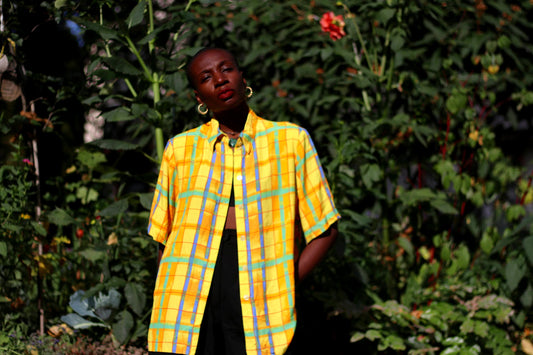 80s plaid blouse| Vintage yellow and green checkered shirt| Maximalist short sleeved unisex summer shirt