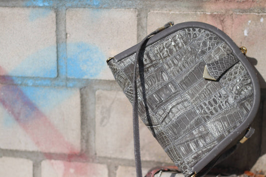 70s Compact Shoulderbag| Vintage grey Minimalist handbag with faux exotic print|