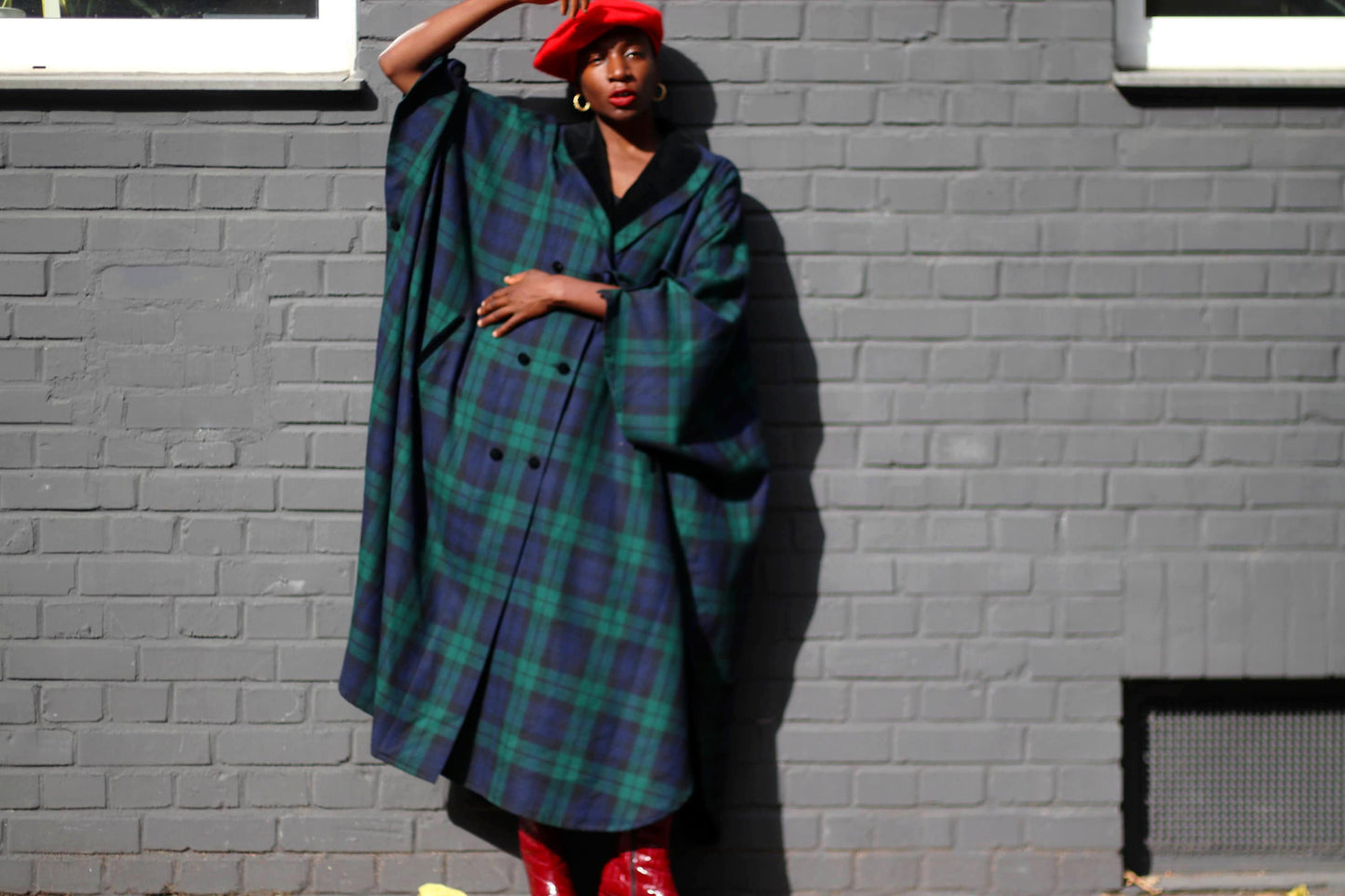 70s ETGES Checkered Coat| Vintage navy and black glamorous plaid batwing coat| Minimalist retro cape like winter coat