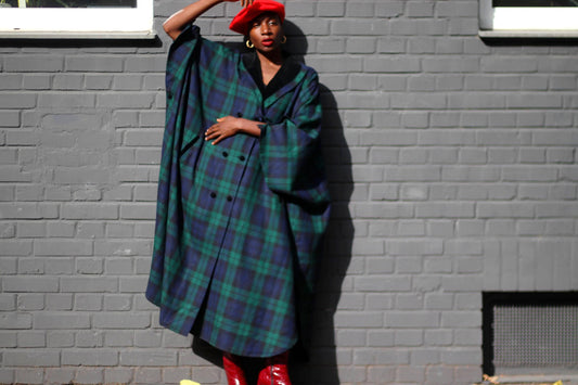 70s ETGES Checkered Coat| Vintage navy and black glamorous plaid batwing coat| Minimalist retro cape like winter coat