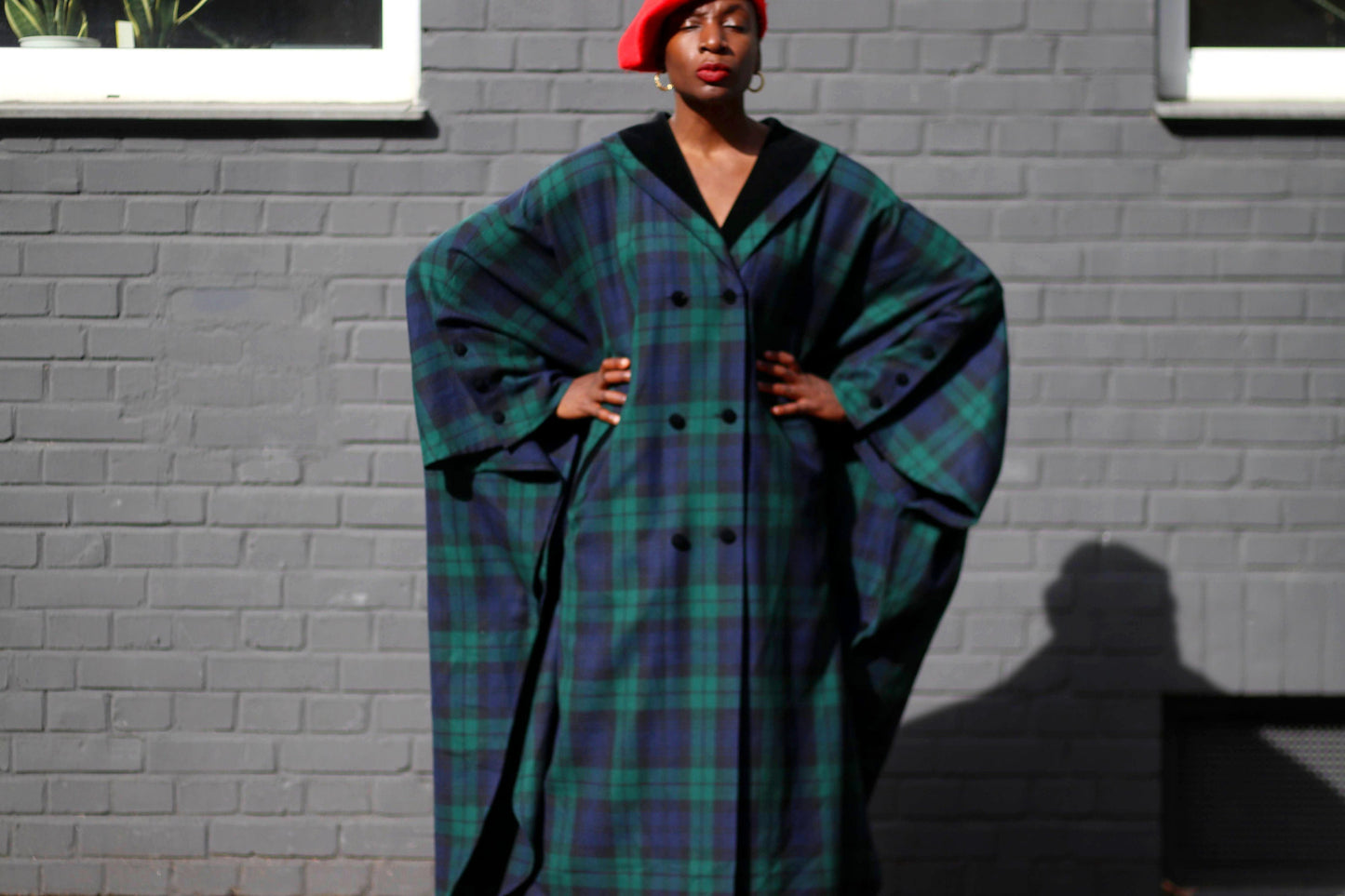 70s ETGES Checkered Coat| Vintage navy and black glamorous plaid batwing coat| Minimalist retro cape like winter coat