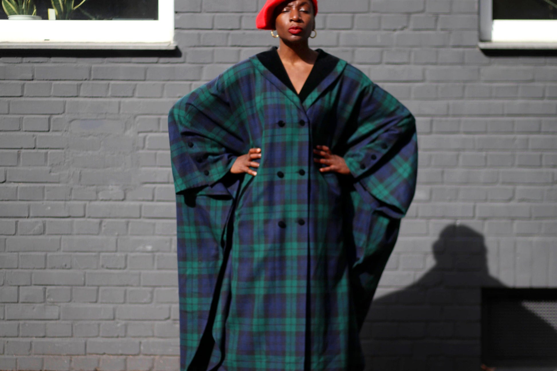 70s ETGES Checkered Coat| Vintage navy and black glamorous plaid batwing coat| Minimalist retro cape like winter coat