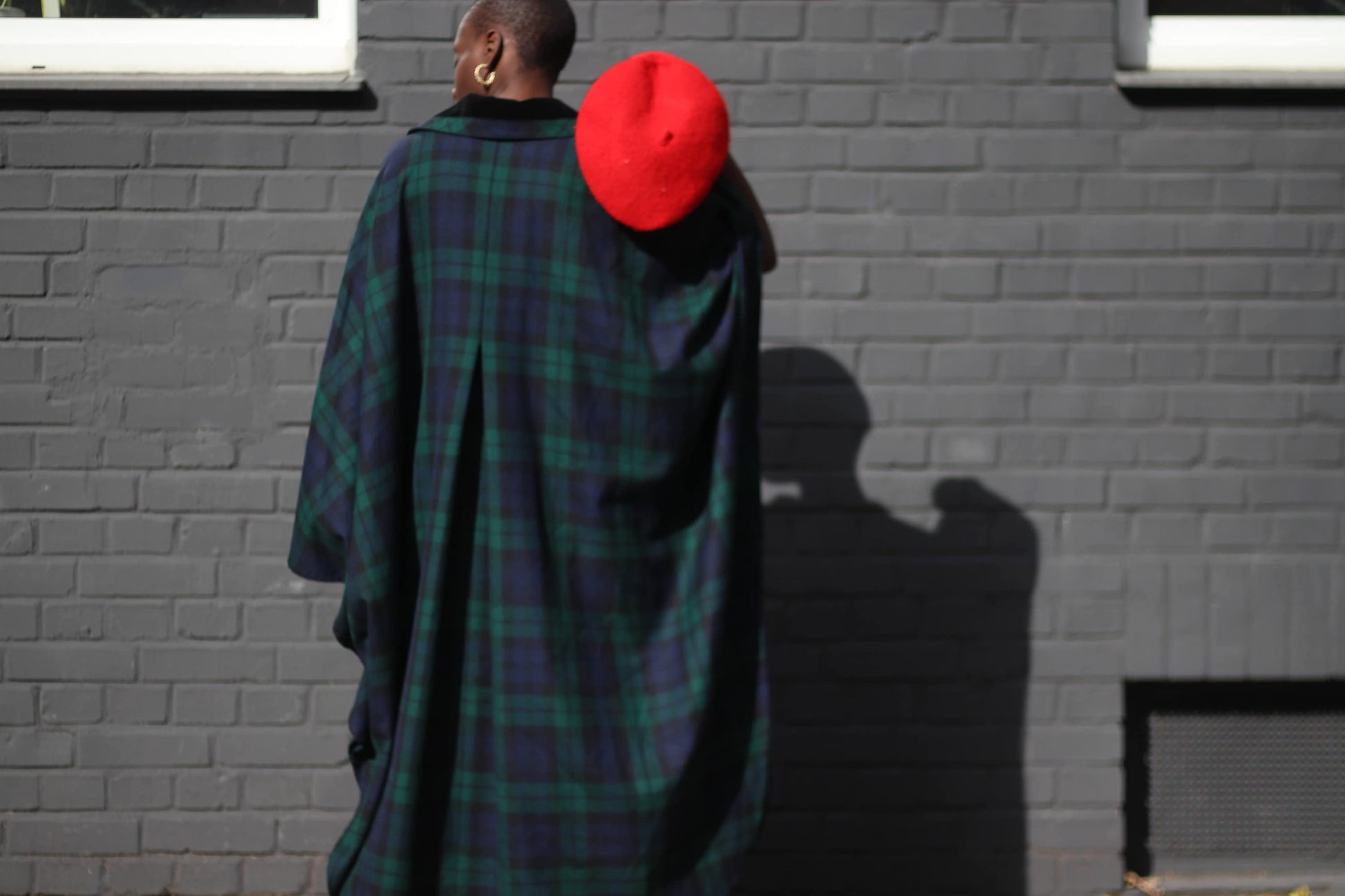 70s ETGES Checkered Coat| Vintage navy and black glamorous plaid batwing coat| Minimalist retro cape like winter coat