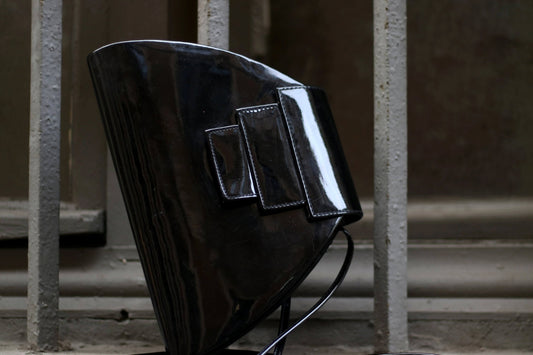 80s Black Shoulder bag | Vintage Faux leather handbag |Vegan geometric shape bag