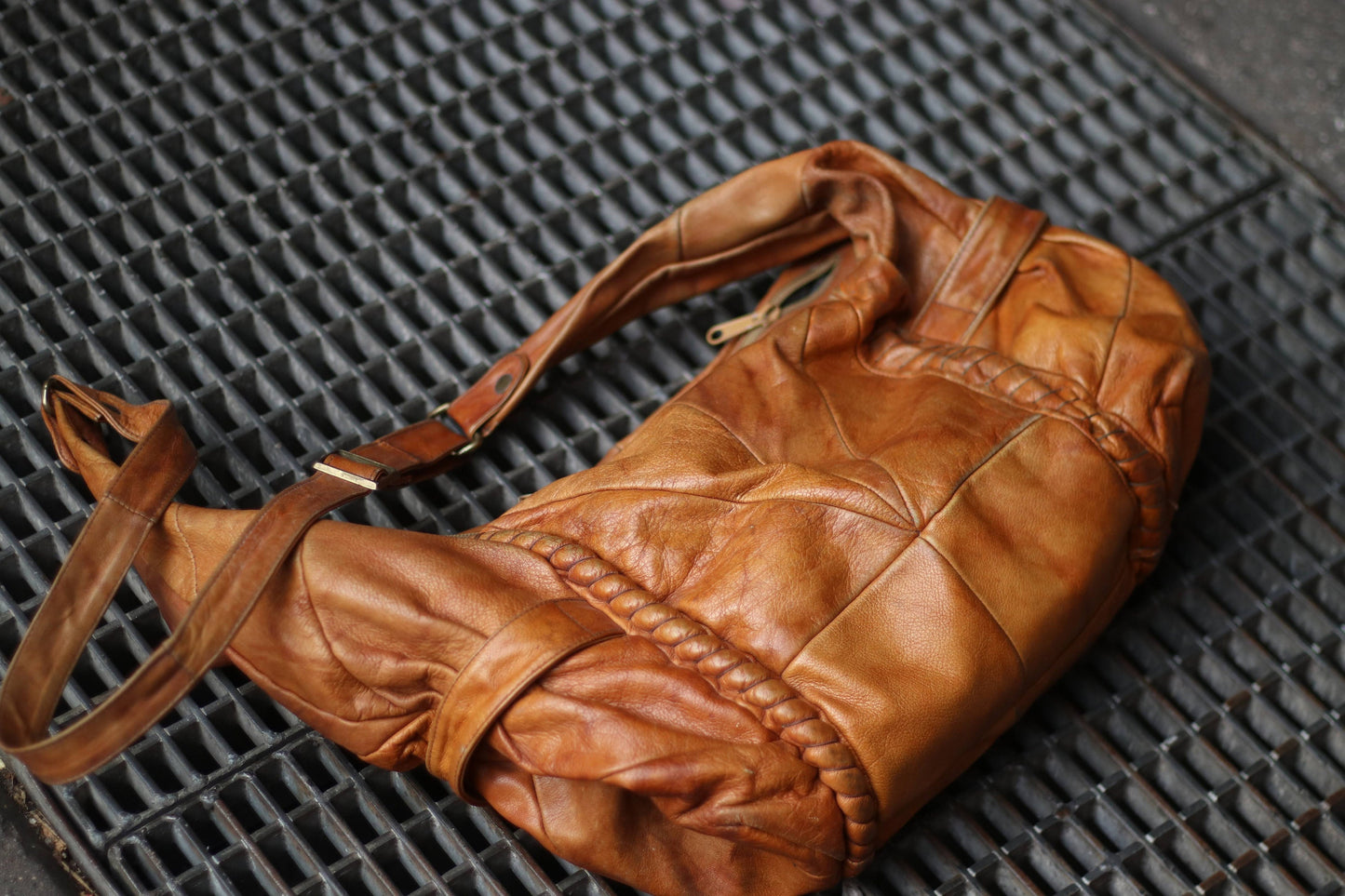 90s Brown Hobo Bag| Vintage Leather Crossbody bag| Bohemian shoulder bag with Woven Details