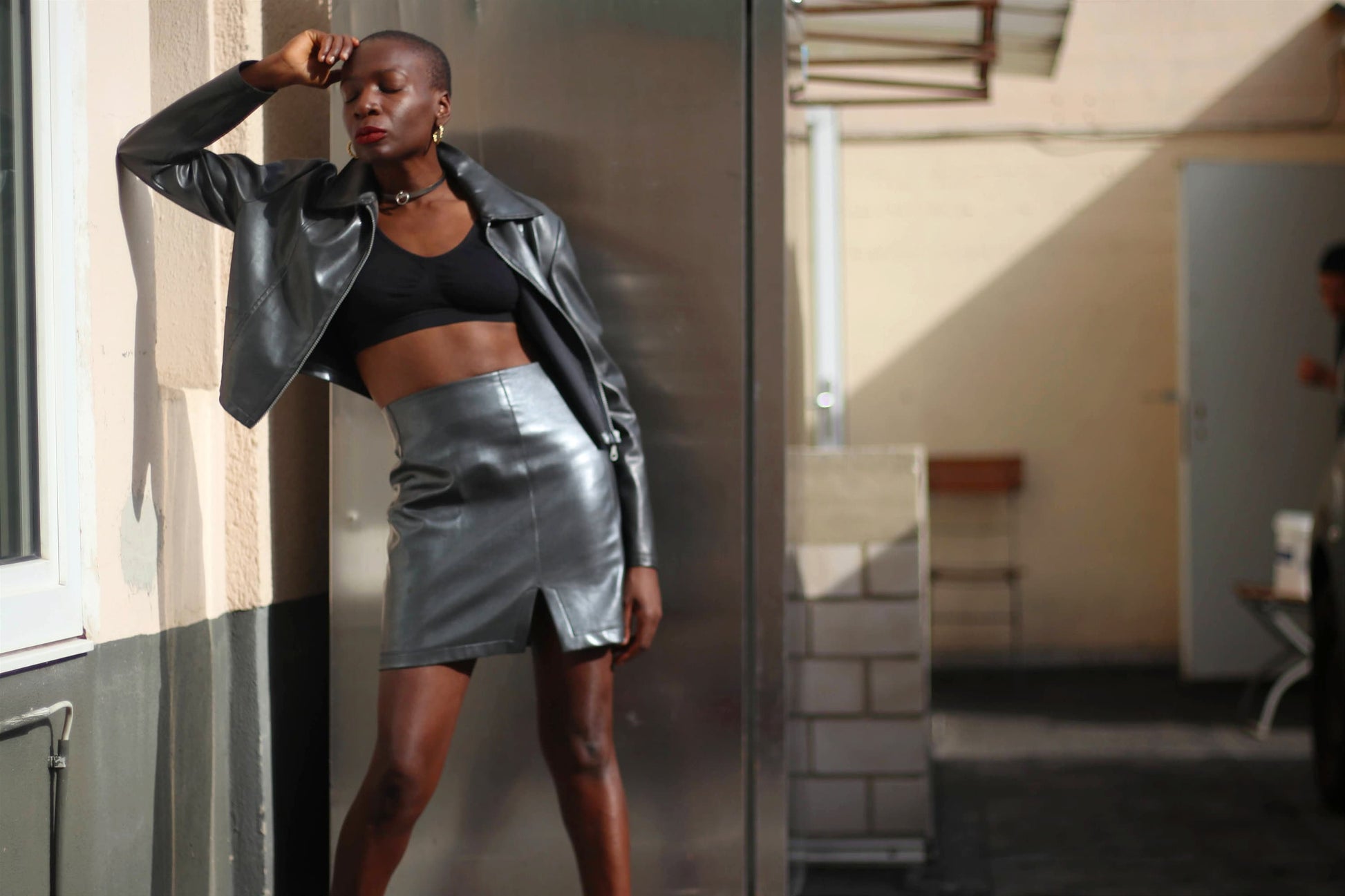 70s a Jus d'orange skirt suit| Vintage grey pleather skirt and jacket| Metallic retro futuristic silver two- piece