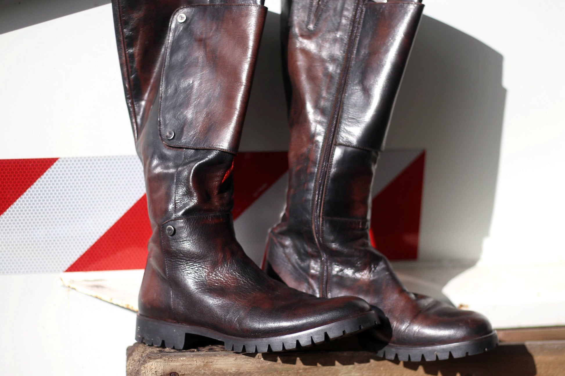 90s Grunge Leather Boots | Vintage red and black knee length boots| Punk inspired tough luxe minimalist shoes size EU 39