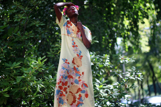 70s Yellow Maxi Dress| Vintage Bohemian Summer floral print dress| Romantic sheer dress with feminine details.