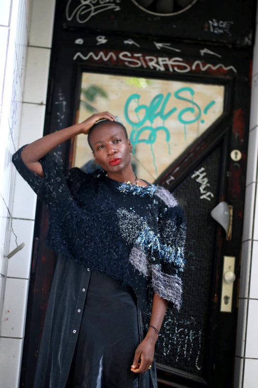 90s Metallic Sweater| Vintage Gothic inspired black and white knit| Shaggy grunge winter jumper
