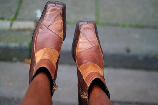 90s Women's Boots| Vintage Brown Patchwork leather boots | Minimalist Winter Boots Size EU38