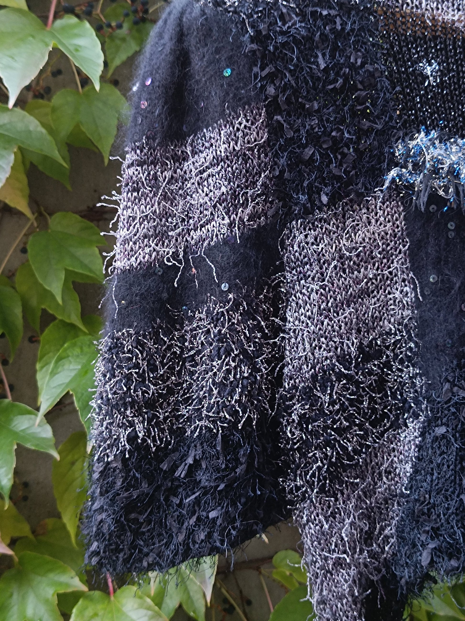 90s Metallic Sweater| Vintage Gothic inspired black and white knit| Shaggy grunge winter jumper
