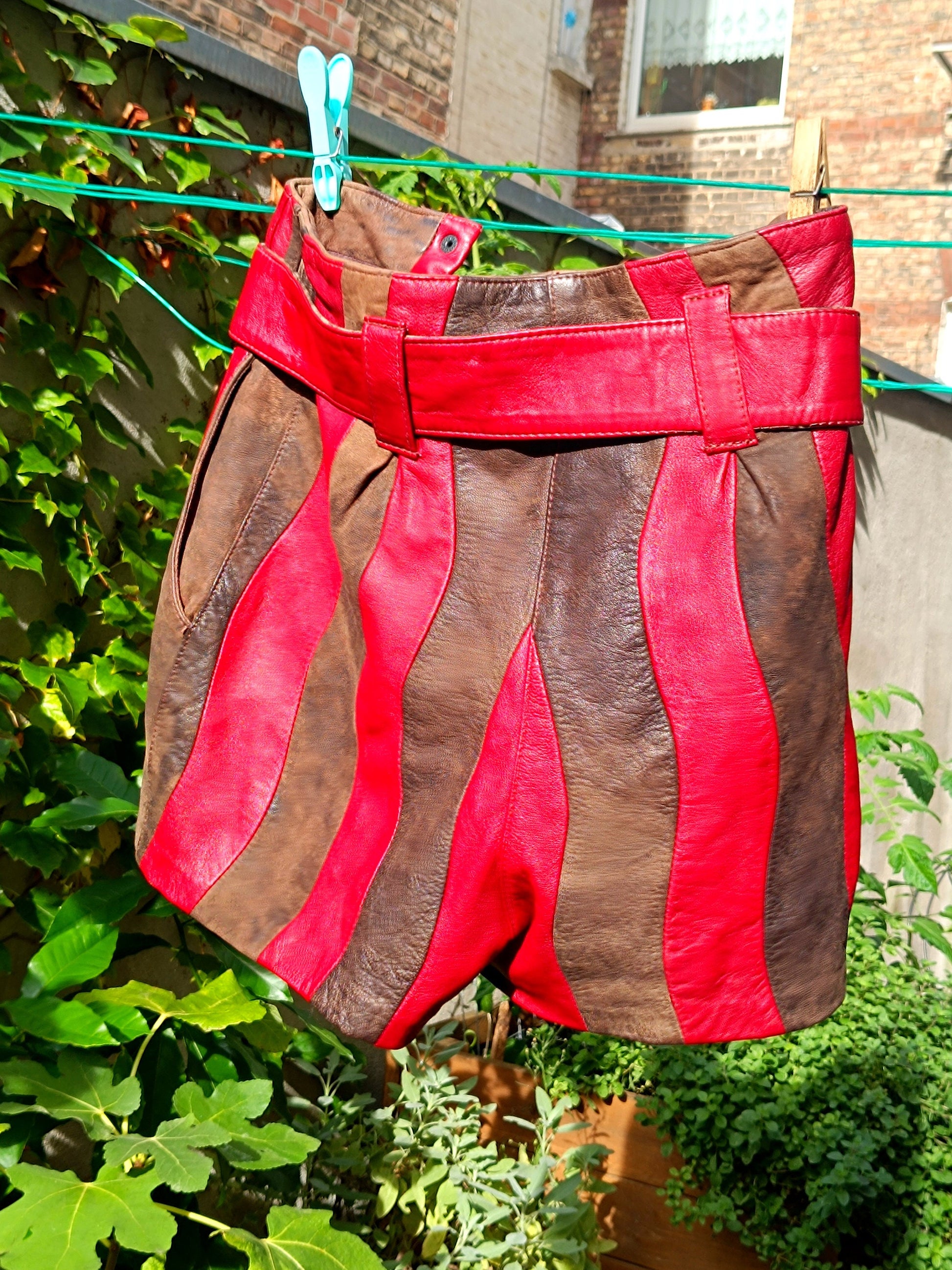 70s red suede shorts| Vintage striped retro maximalist leather shorts| Bohemian unique short pants