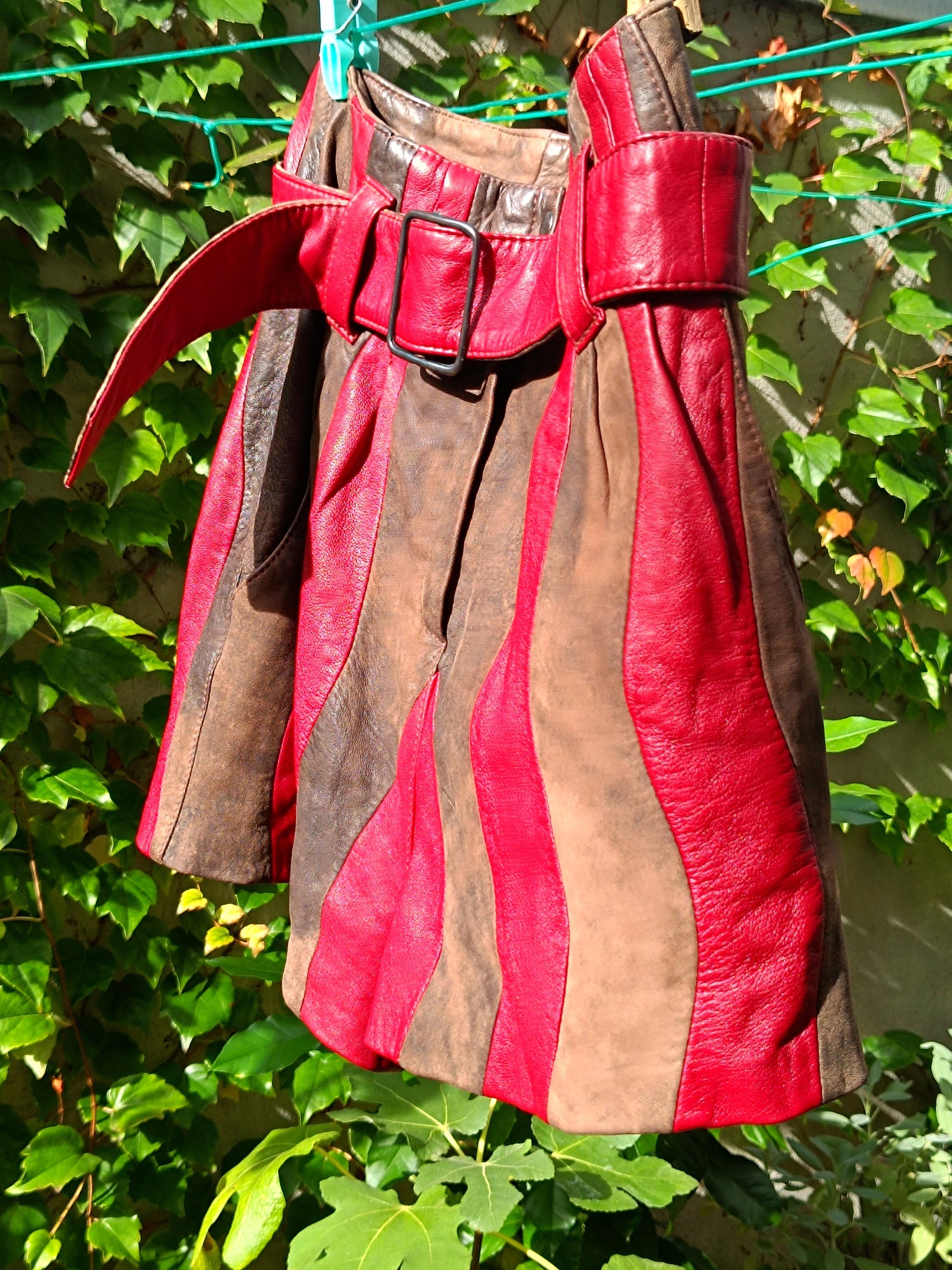 70s red suede shorts| Vintage striped retro maximalist leather shorts| Bohemian unique short pants
