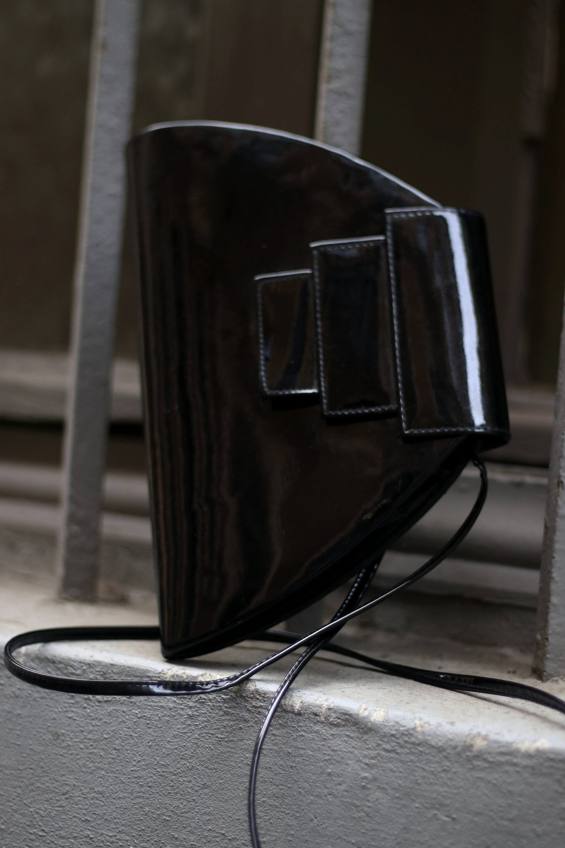 80s Black Shoulder bag | Vintage Faux leather handbag |Vegan geometric shape bag