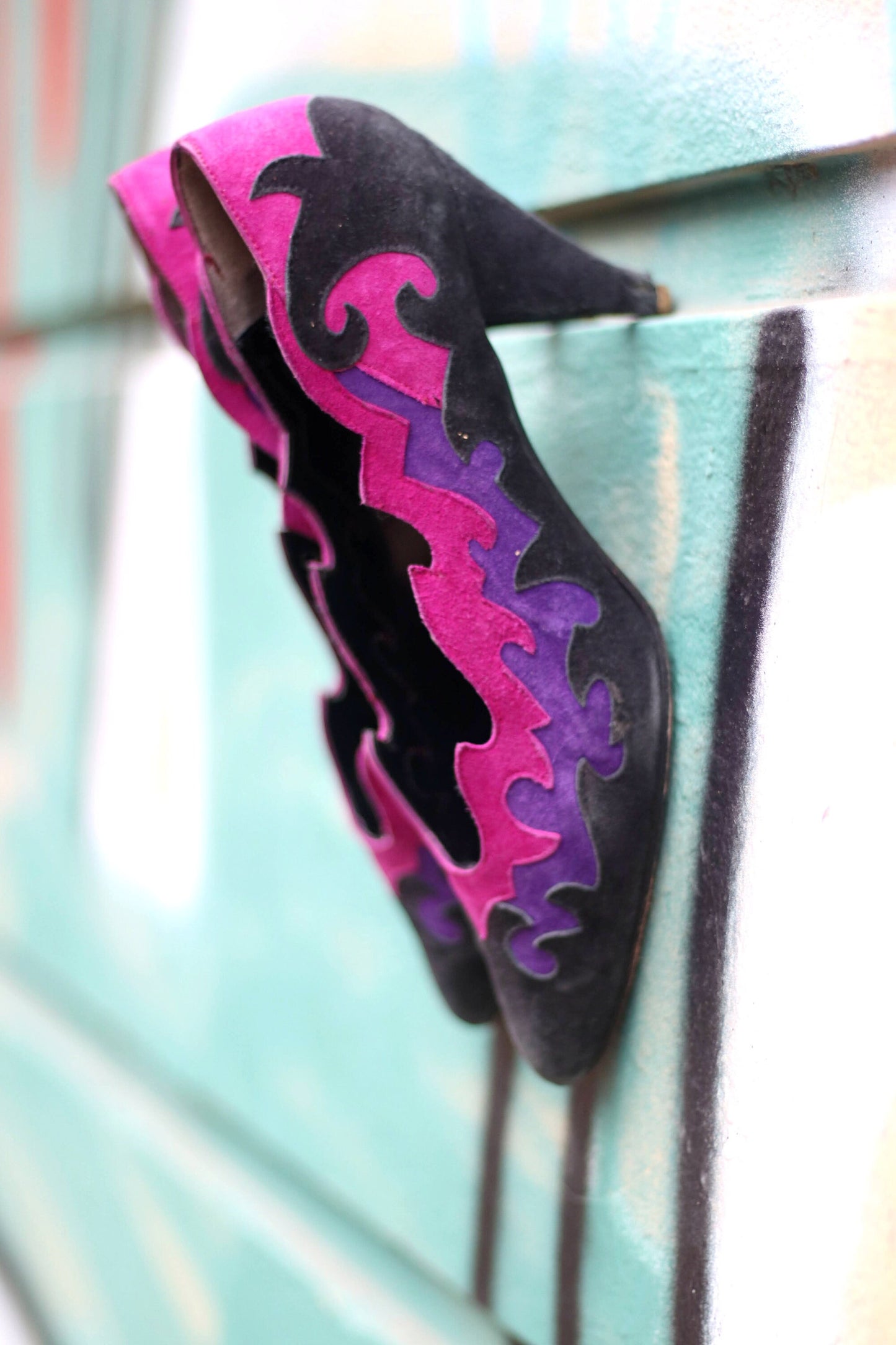 80s Beverly Feldman Pumps| Vintage Women's Rare Leather Multi-Colored Heels | Purple Black Maximalist Stilettos| Zigzag pattern Suede Shoes