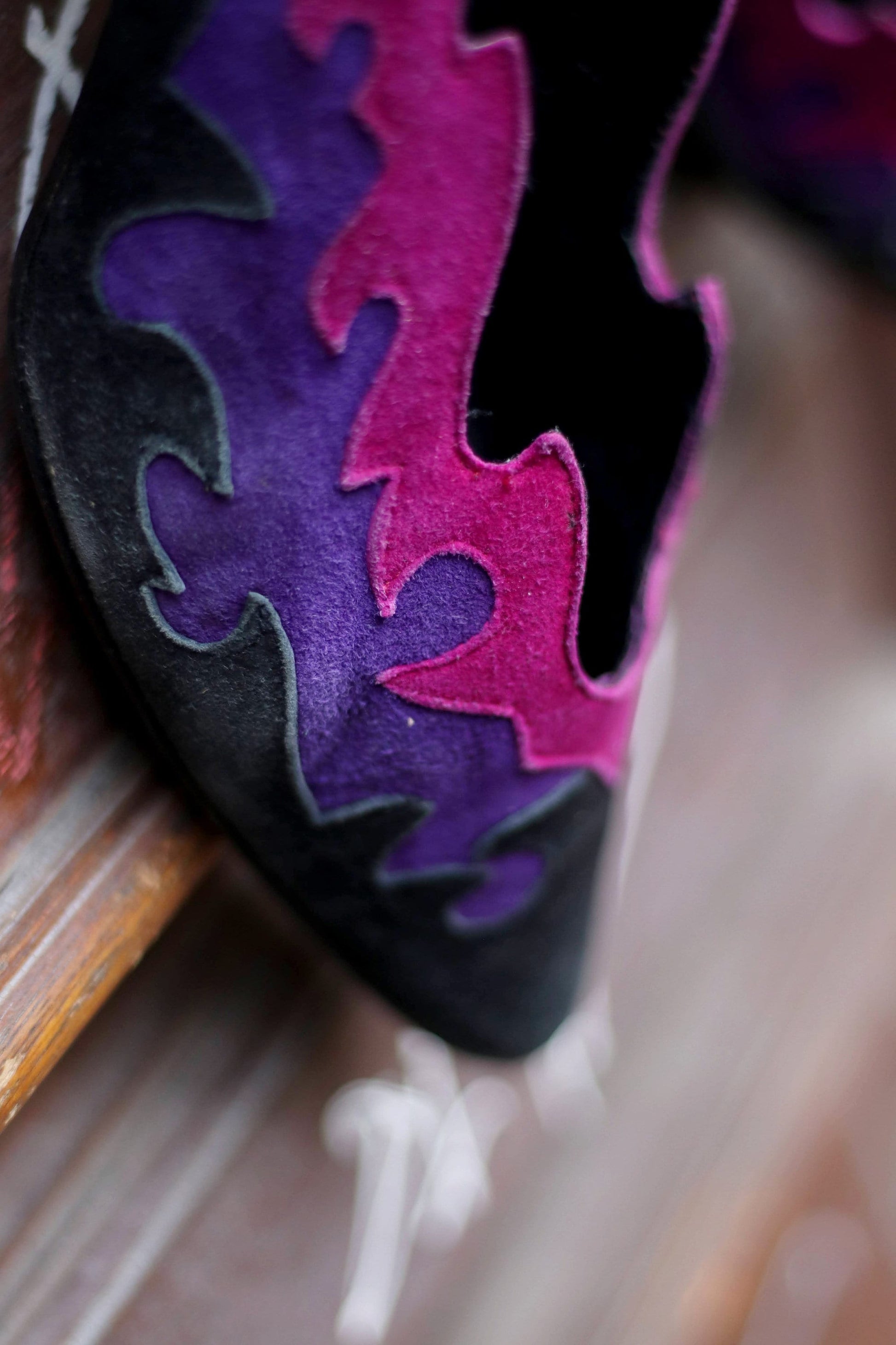 80s Beverly Feldman Pumps| Vintage Women's Rare Leather Multi-Colored Heels | Purple Black Maximalist Stilettos| Zigzag pattern Suede Shoes