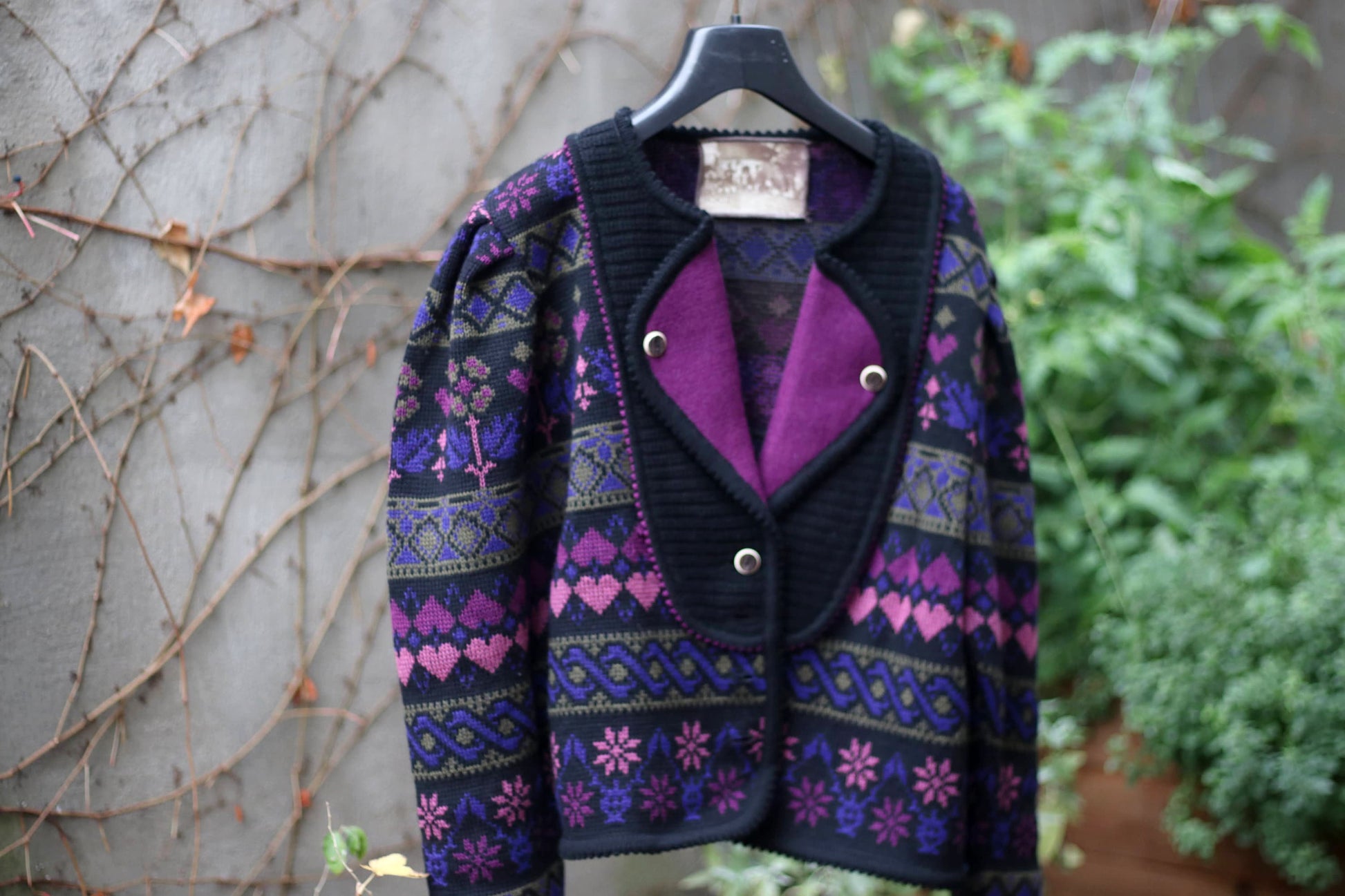 80s Wesenjak Tirol Cardigan| Vintage Rare Women Tyrol Wool Cardigan Jacket| Heart Print Winter Sweater| Size D44, IT48