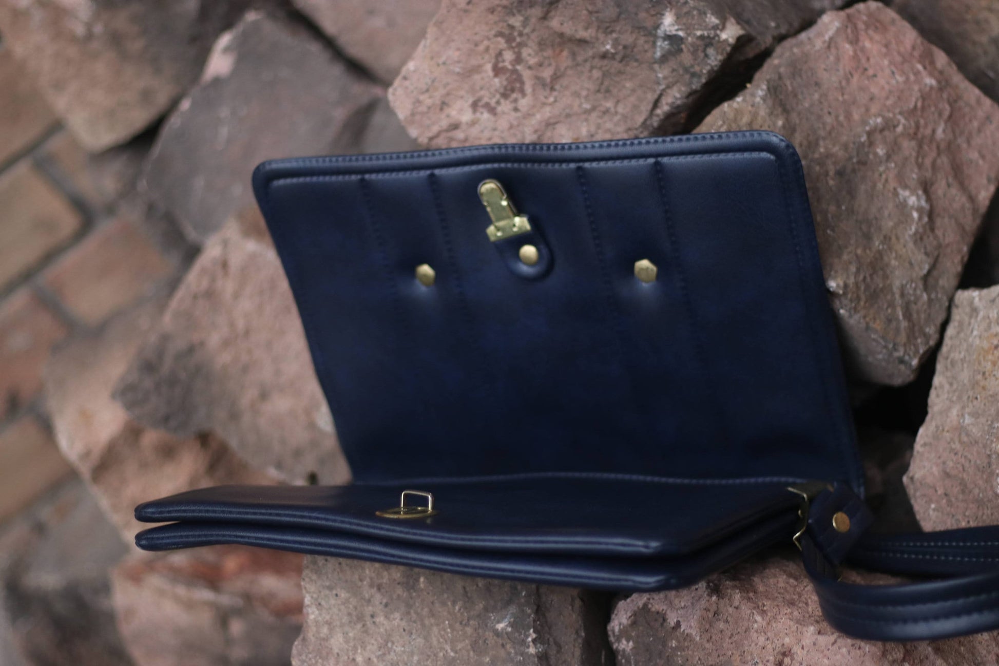70s Women's Leather Bag| Vintage Minimalist Bag | Classic Everyday Navy Blue Mini Handbag