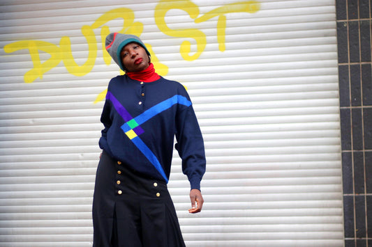 90s GISPA Geometric Blue Sweater | Women's Blue Long-Sleeved Knit| Bold Print Winter Pullover