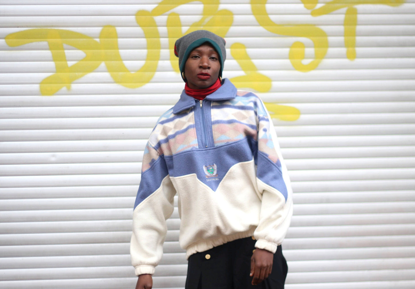 90s Women's Blue and White Fleece | Vintage Winter Sweatshirt| Crazy pattern Women's Sweater| Streetstyle abstract print knit|