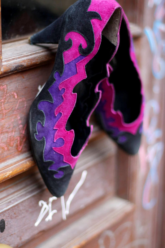 80s Beverly Feldman Pumps| Vintage Women's Rare Leather Multi-Colored Heels | Purple Black Maximalist Stilettos| Zigzag pattern Suede Shoes