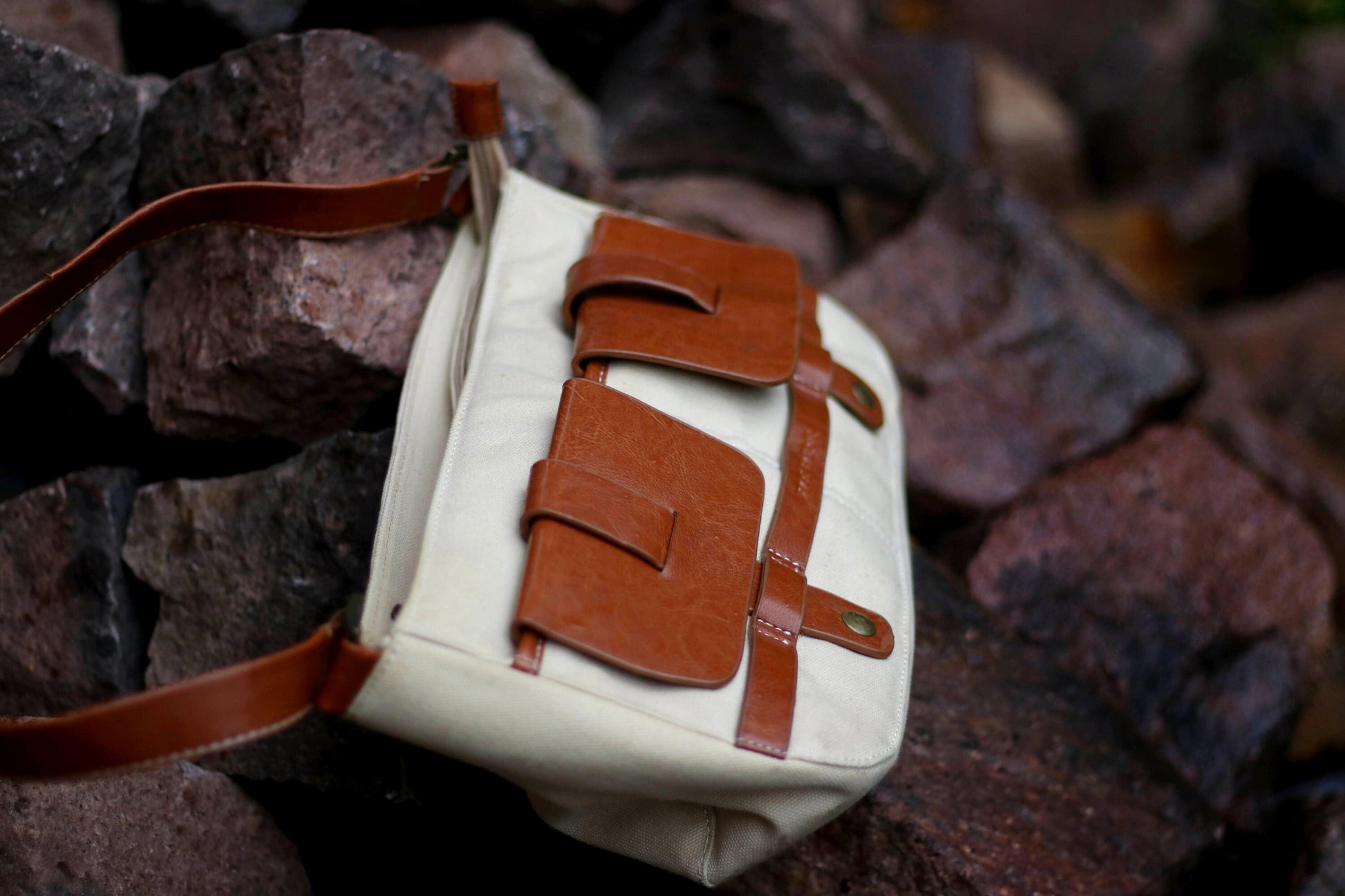 y2k Canvas and Leather Bag| Vintage Women's Minimalist Compact Handbag in Brown| Capsule wardrobe bag