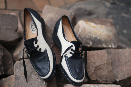 90s Bally Brogues| Vintage Leather Black and White Oxfords| Minimalist Monochrome lace up shoes| Timeless Dapper Footwear