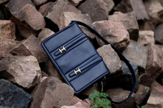 70s Women's Leather Bag| Vintage Minimalist Bag | Classic Everyday Navy Blue Mini Handbag