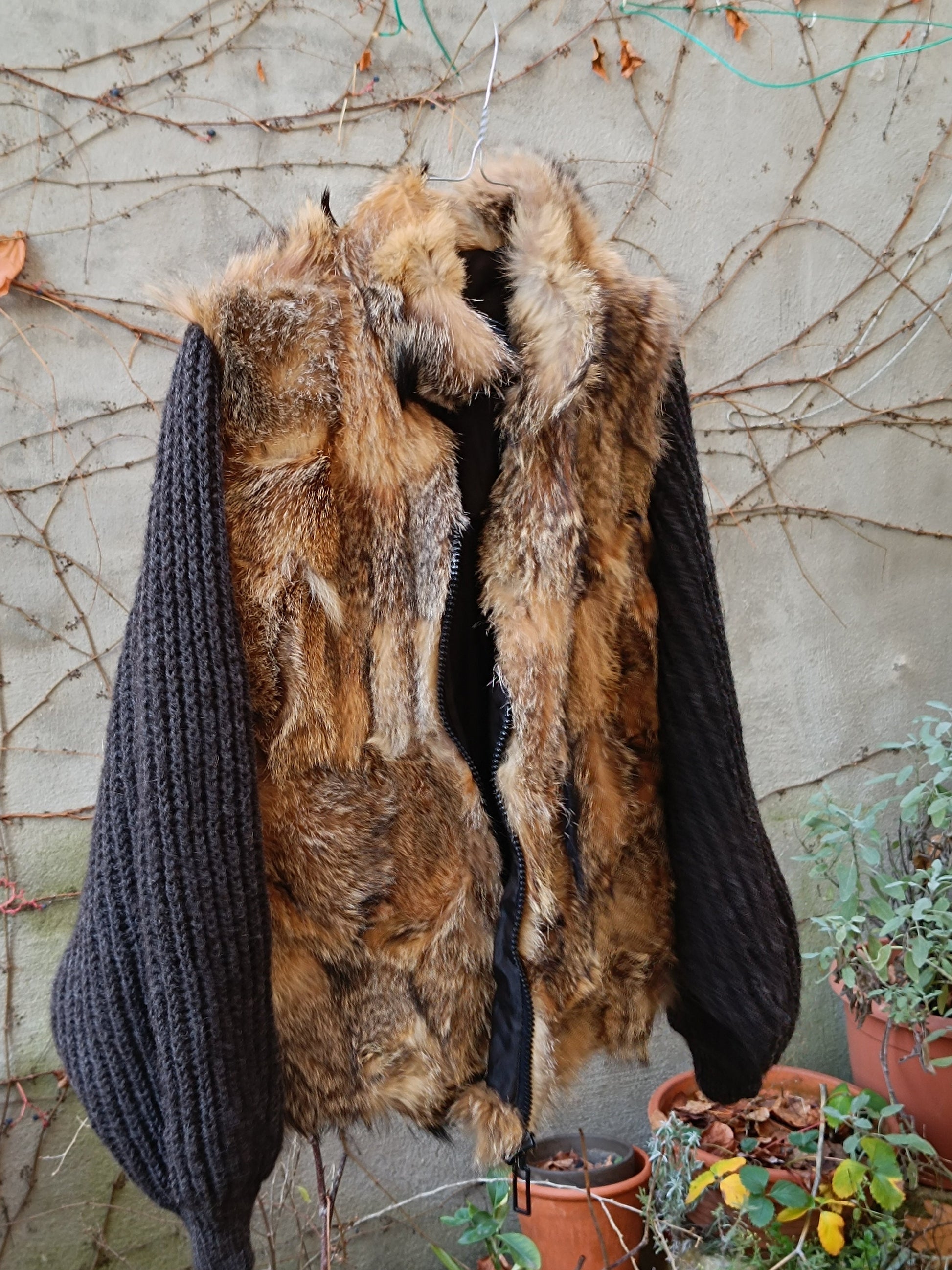 70s Knitted Fur Winter Jacket | Vintage Mixed Media brown and grey Winter Coat| Women's cozy cardigan