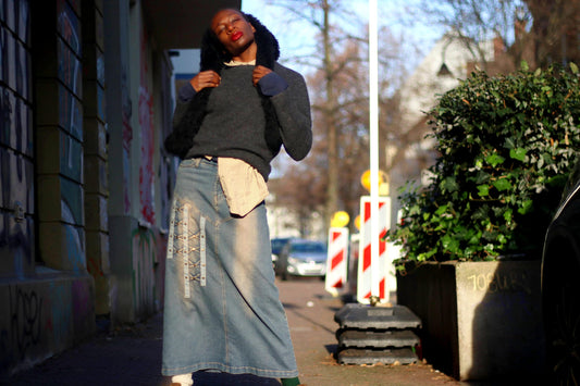 y2k Maxi Denim Skirt| Vintage Women's blue and grey distressed lace-up acid skirt | Vintage blue jeans skirt