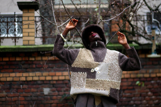 80s Folklore Sweater| Vintage Brown Quarter Zip Cottage core Knit| Women's Winter Pullover with Floral Motif